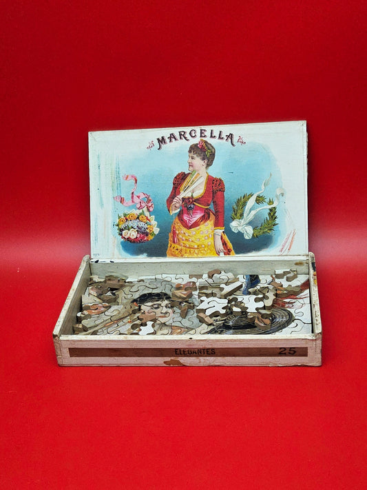 Cigar box with advertising puzzle