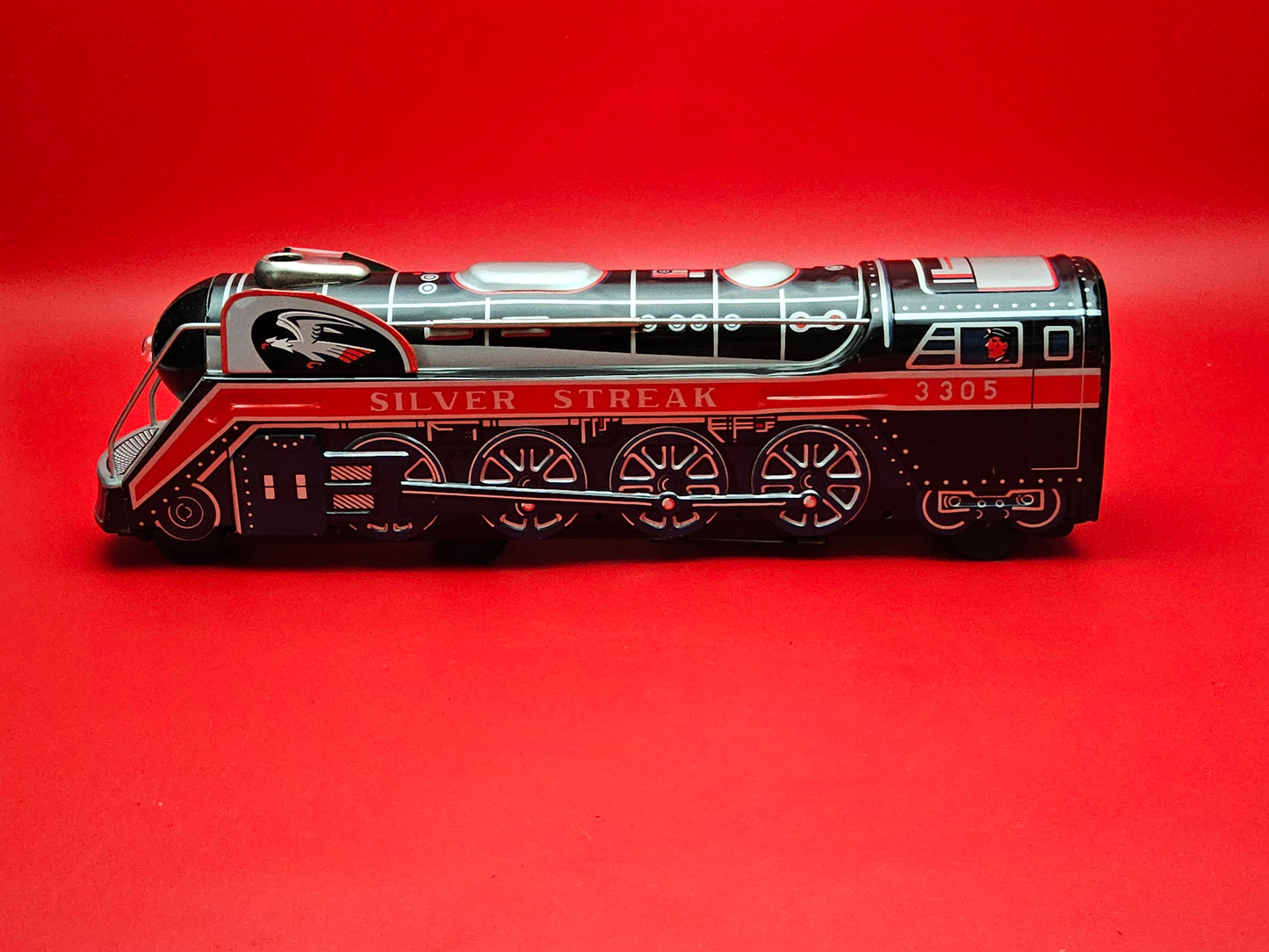 Vintage silver streak litho train tin toy with original box