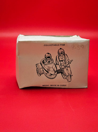Tin plate toy motorbike with sidecar with original box